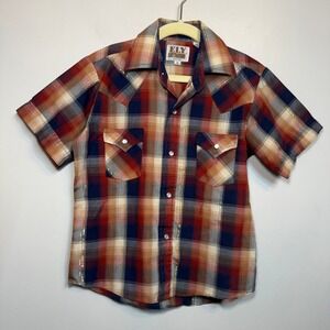 Ely Cattleman Boys Red Blue Plaid Metallic Gold Thread Western Snap Shirt Size S